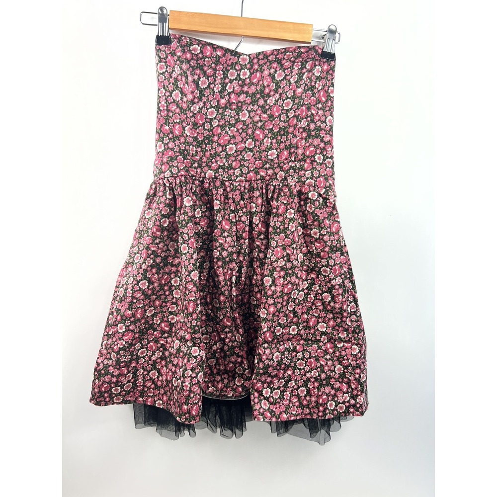 Sound & Matter Sundress Women's Sz M Pink Floral Black Petticoat Shows Strapless